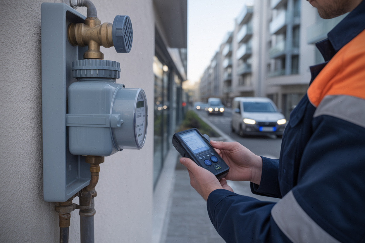 Compteur de gaz moderne contrôlé par un technicien en ville