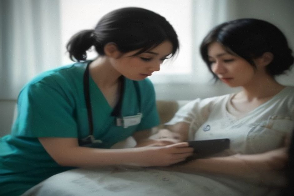 Infirmière et aide à domicile en visite, soins et suivi sur tablette