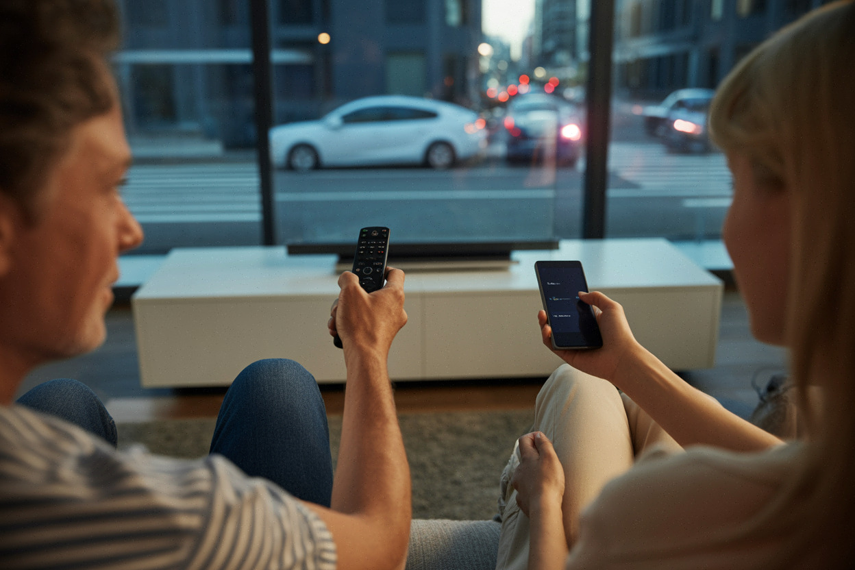 Deux spectateurs choisissent un film Netflix sur TV connectée en soirée