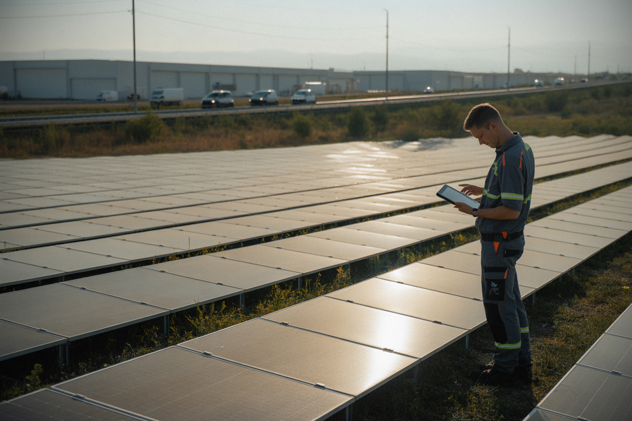Champ de panneaux solaires en été, technicien vérifiant la production.