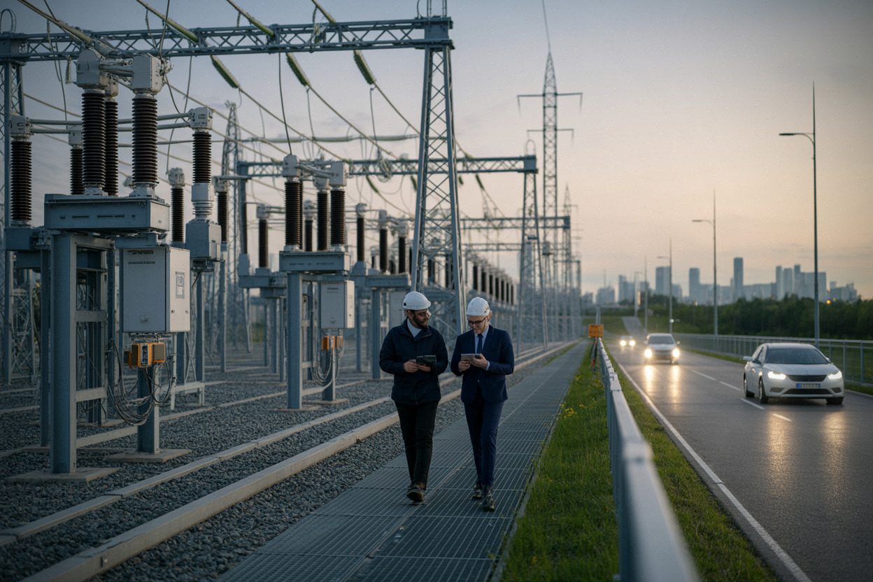 Poste électrique haute tension, ingénieurs et interconnexion pour équilibrer le réseau.