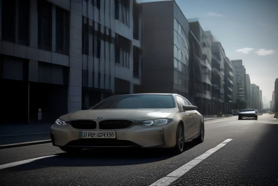 Prototype BMW solaire roulant en ville entre zones d’ombre et soleil