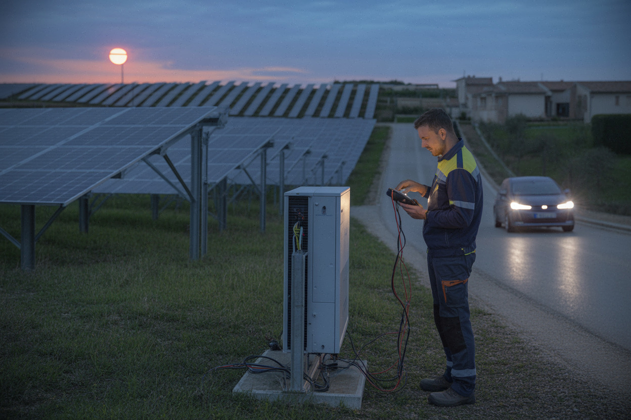 Parc solaire en France lors de l’éclipse, technicien et baisse de production