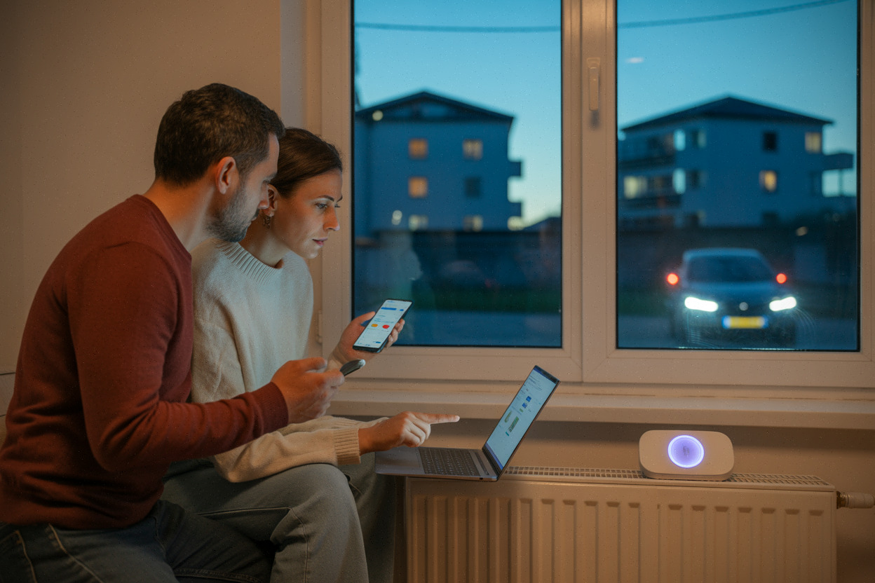 Ménages comparant des offres de gaz sur ordinateur et téléphone