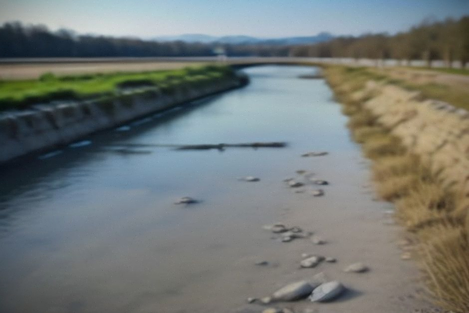 Danube très bas près de Kozloduy, berges à nu et prises d’eau visibles