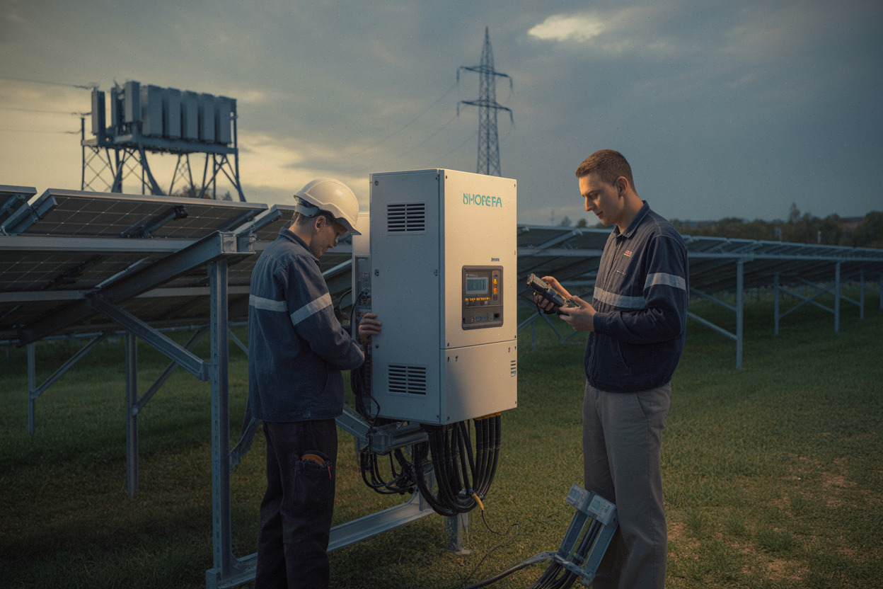 Baisse du photovoltaïque lors de l’éclipse, techniciens et réseau en arrière-plan