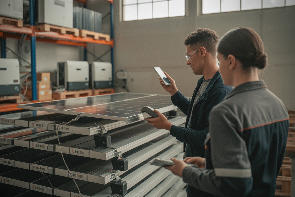 Techniciens inspectant des panneaux solaires dans un entrepôt logistique moderne