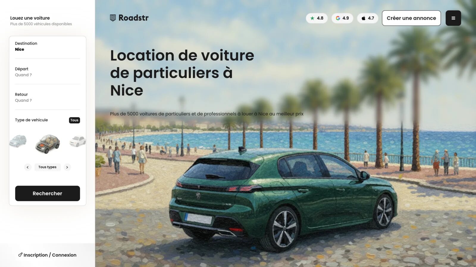 Roadstr, page de location de voiture entre particuliers à Nice